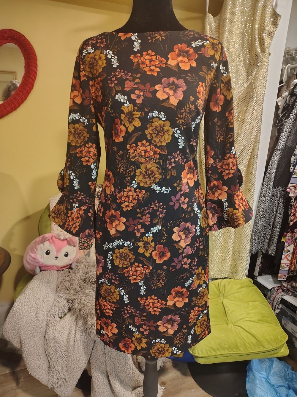 Karl Lagerfeld Autumn Black Shift Dress with Orange and Gold Floral Print
